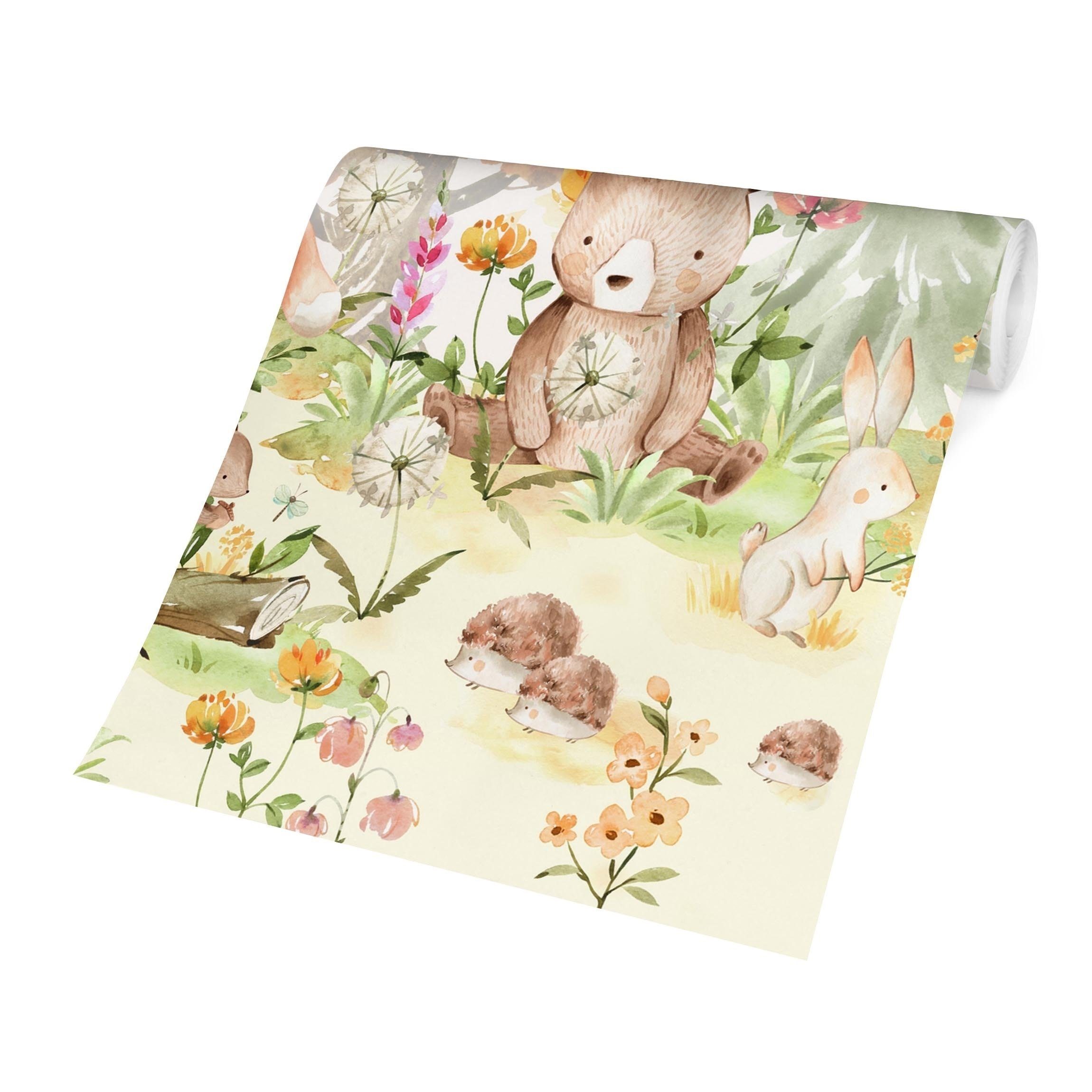 Bilderdepot24 Kindertapete Kinderzimmer Aquarell Waldtiere Bär Fuchs Baum Kinder Wanddeko, Glatt, Matt, (Inklusive Gratis-Kleister oder selbstklebend), Mädchenzimmer Jungenzimmer Babyzimmer Bildtapete Fototapete Wandtapete