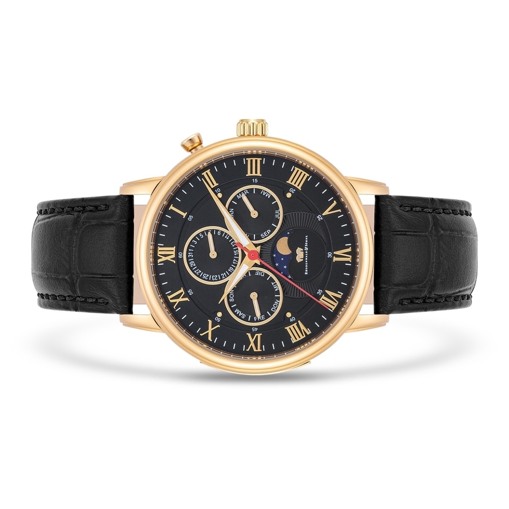 Rhodenwald & Söhne Multifonctions Moontime II Or jaune Cuir véritable en Noir Montre