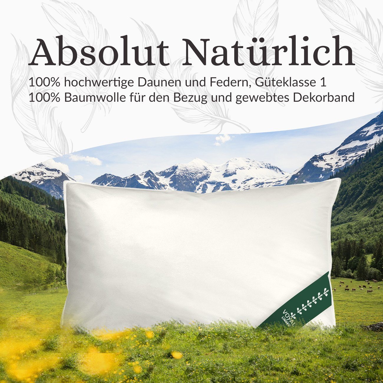 Daunenkissen Wiener Wolkenpolster 40x80 cm in zwei Füllstärken, VOYAL LINNEN, Füllung: 70% Federn / 30% Daunen, kuschliges Kissen in Deutschland hergestellt, allergikerfreundlich