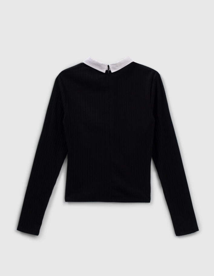 T-shirt noir côtelé à col chemise fille