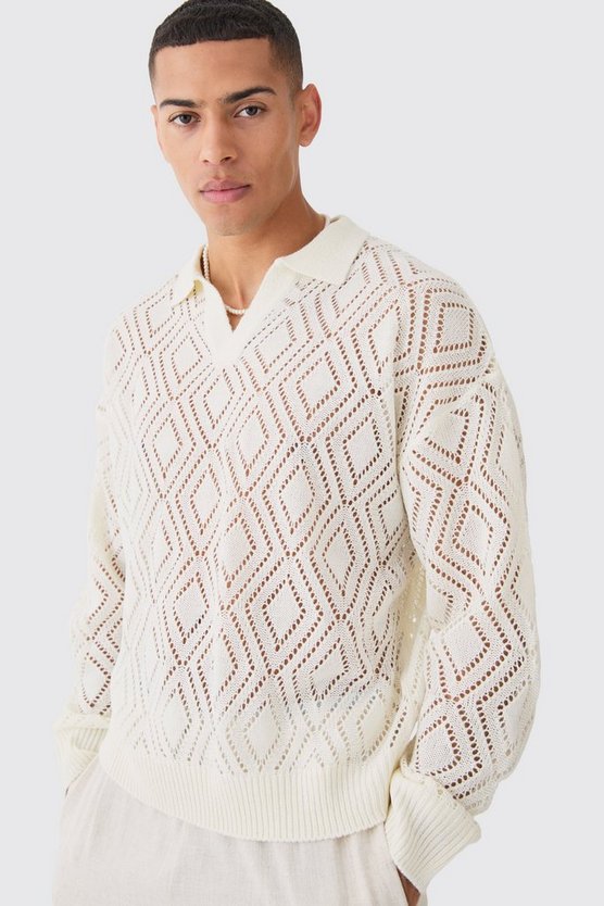 Langärmliges kastiges Strick-Poloshirt in Ecru
