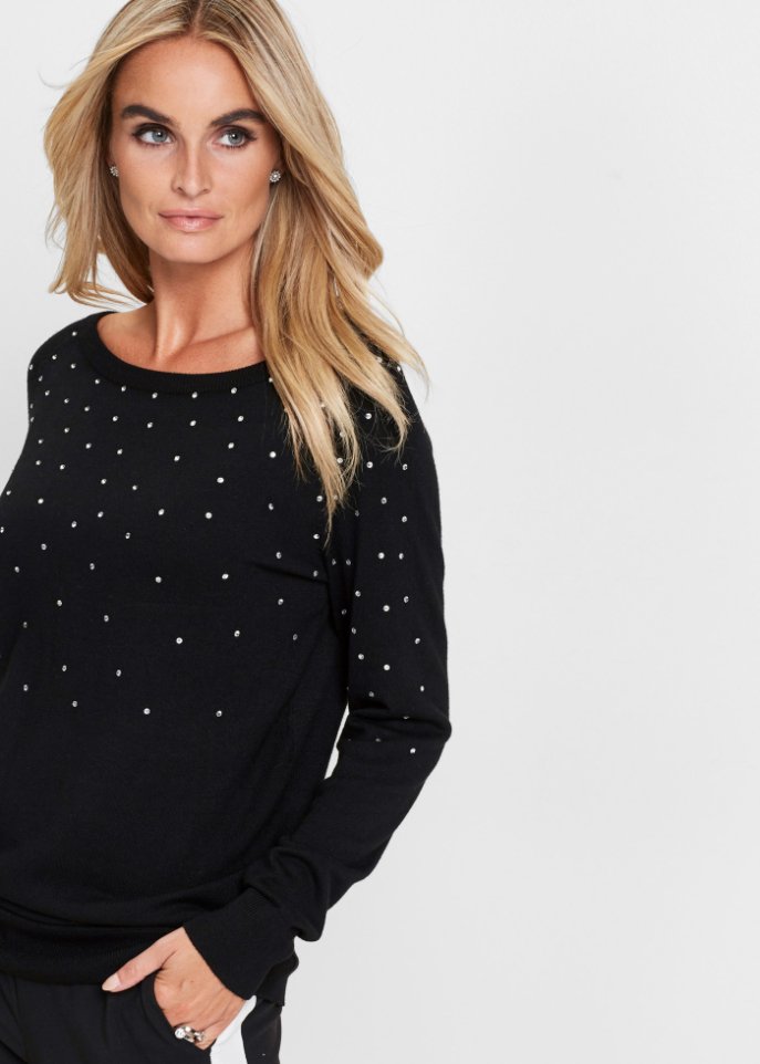 Long-Pullover mit Glitzersteinen