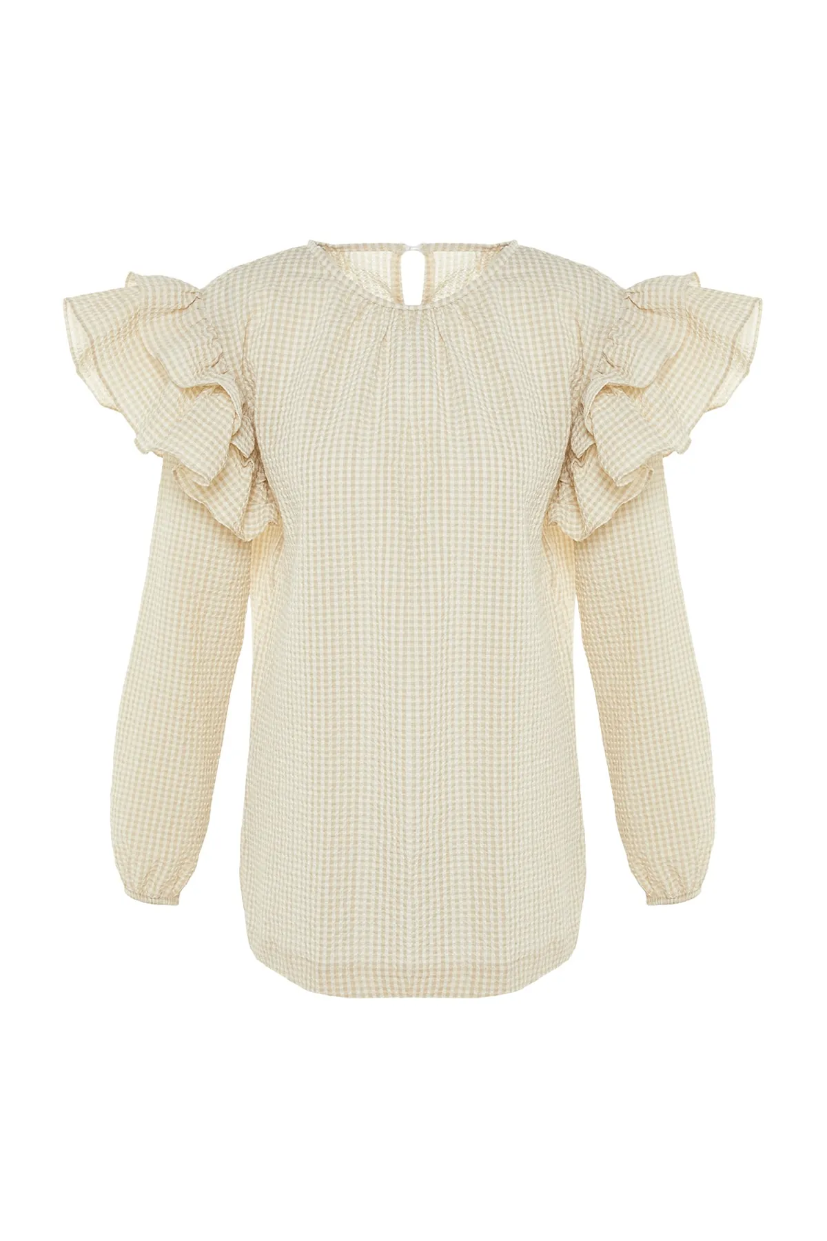 Trendyol Modest  Beigefarbene Seersucker-Gingham-Tunika mit Ärmeln und Schwungradgewebe TCTSS23UK00014