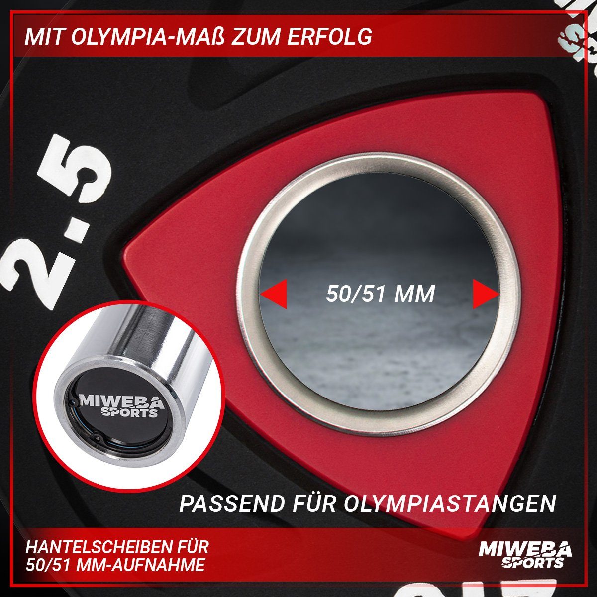 Miweba Sports Hantelscheiben Olympia Hantelscheiben Set - 2.5 - 20.0 kg, 5 kg, (2er-Set, Hantelscheibenset, Hantel Gewichte Set, Gewicht Scheiben, Muskelaufbau, Workout, Training, Ganzkörpertraining, 2-tlg., 2 x 2.5 kg, Ø 50/51 mm, Stahl), Gewicht Sc