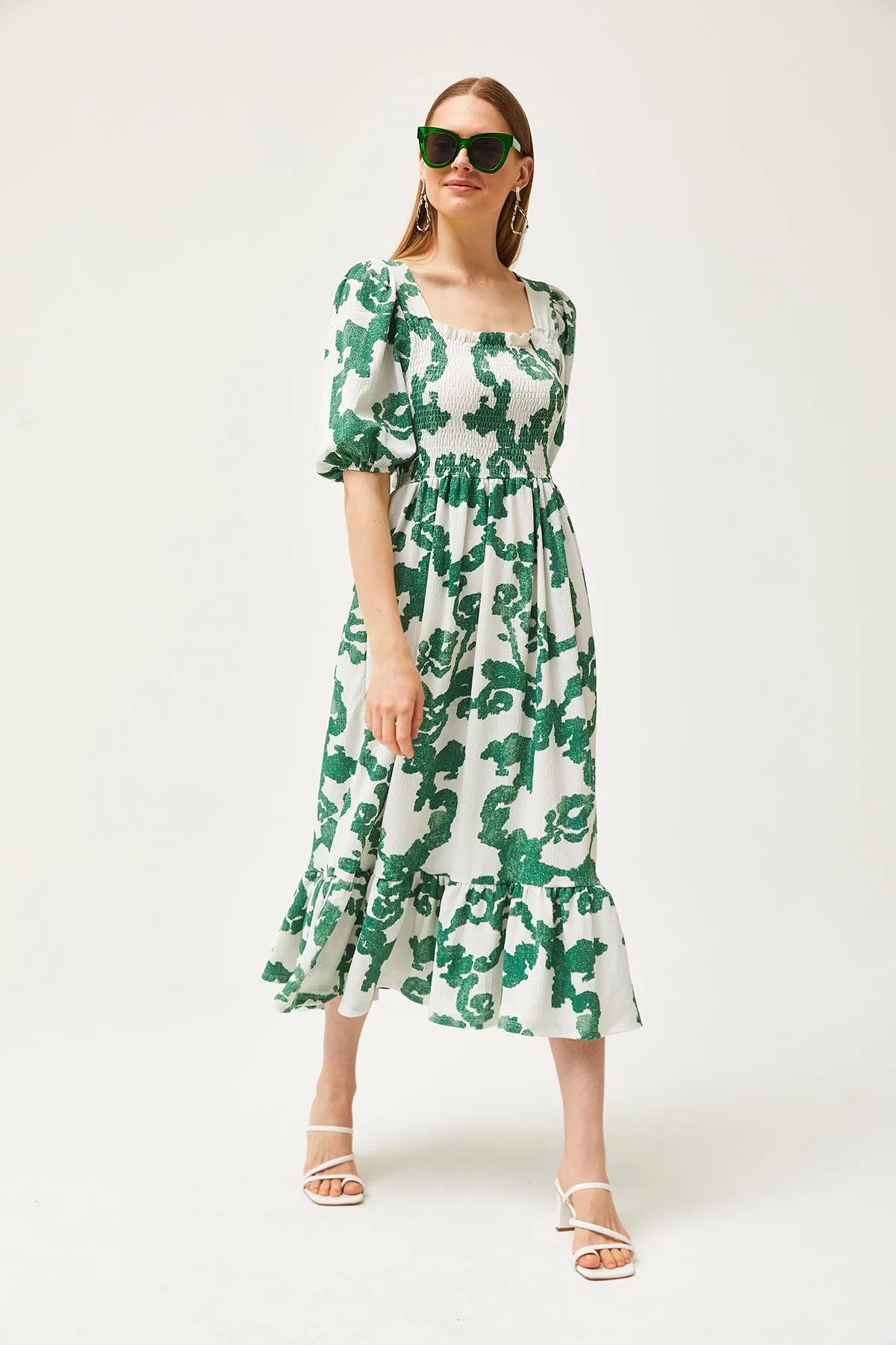 Olalook  Ecru-grünes Midi-Strickkleid mit Gimpen für Damen ELB-19002108