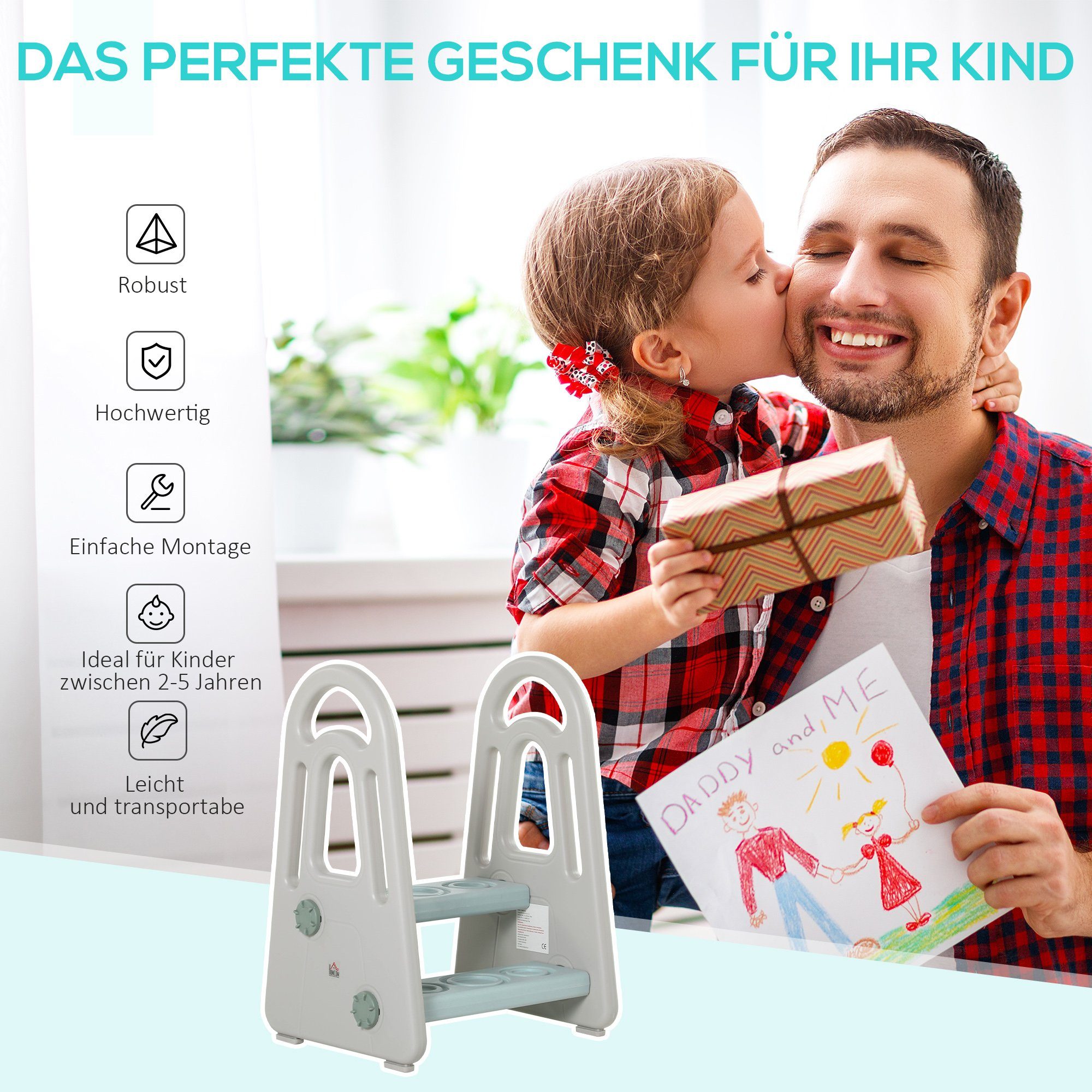 HOMCOM Stehhilfe Lernturm Stehender mit 2 Stufen Blau+Grau für 2-5 Jahre HDPE PP (Set, 1 St), 43.5L x 38.5B x 61H cm