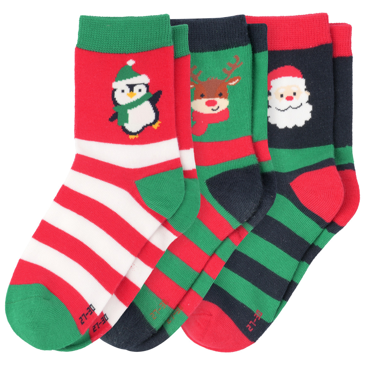 3 Paar Kinder Weihnachtssocken im Set rot / grün / dunkelblau