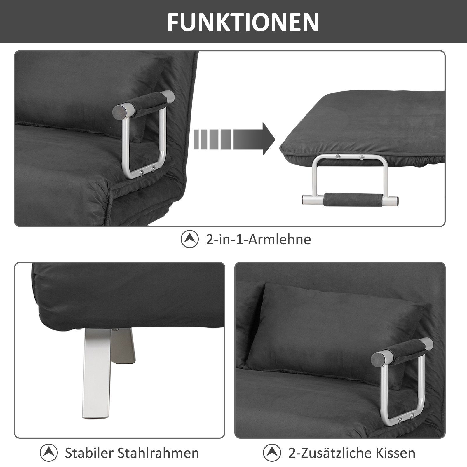 HOMCOM Schlafsofa Doppelsofa, Set 1 Teile, Schlafsessel Klappbett Gästebett Chaiselongue 3-in-1 Grau