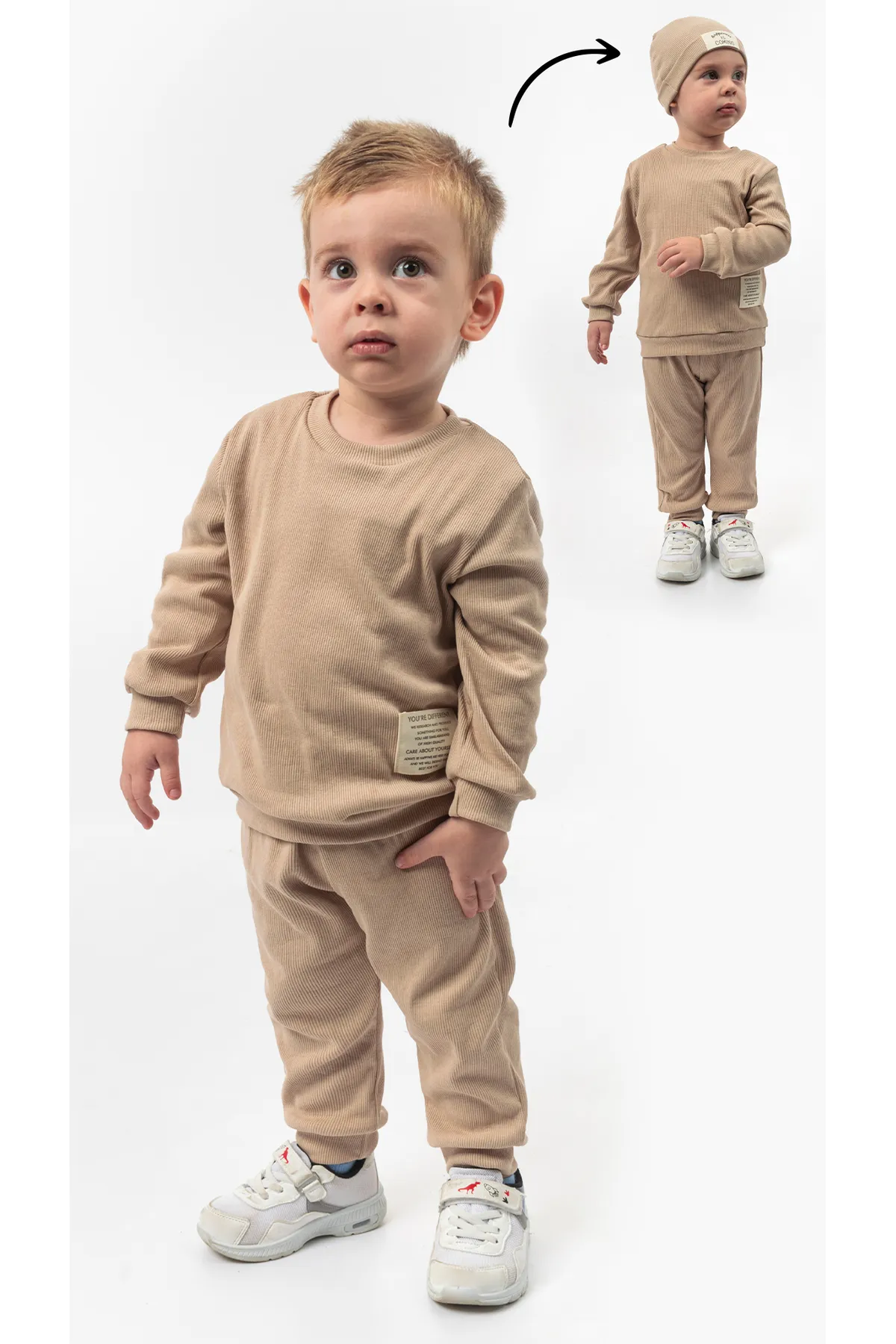 Bubito  Unisex-Hut mit Wappendetail, schnurgebundenes 3-teiliges Set aus Unter- und Oberteil, Beige