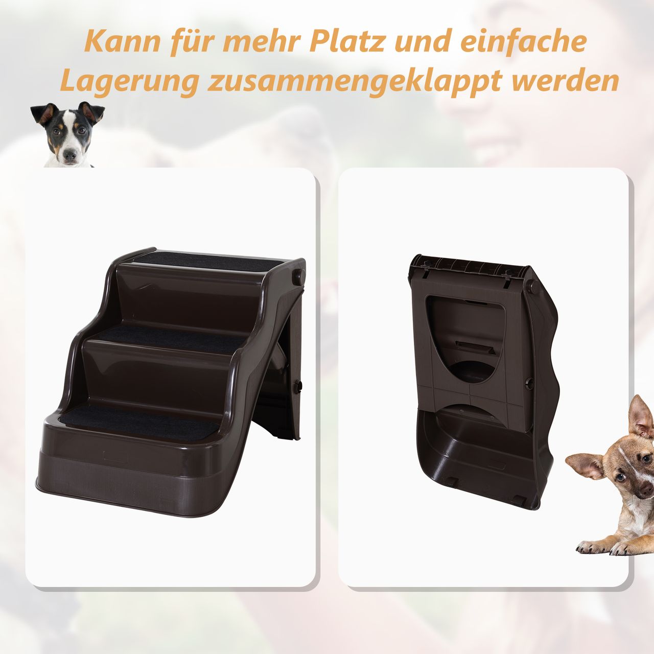 PawHut Hundetreppe Katzentreppe Haustiertreppe mit 3 Stufen klappbar, Kunststoff, Dunkelbraun, 39x49x39cm