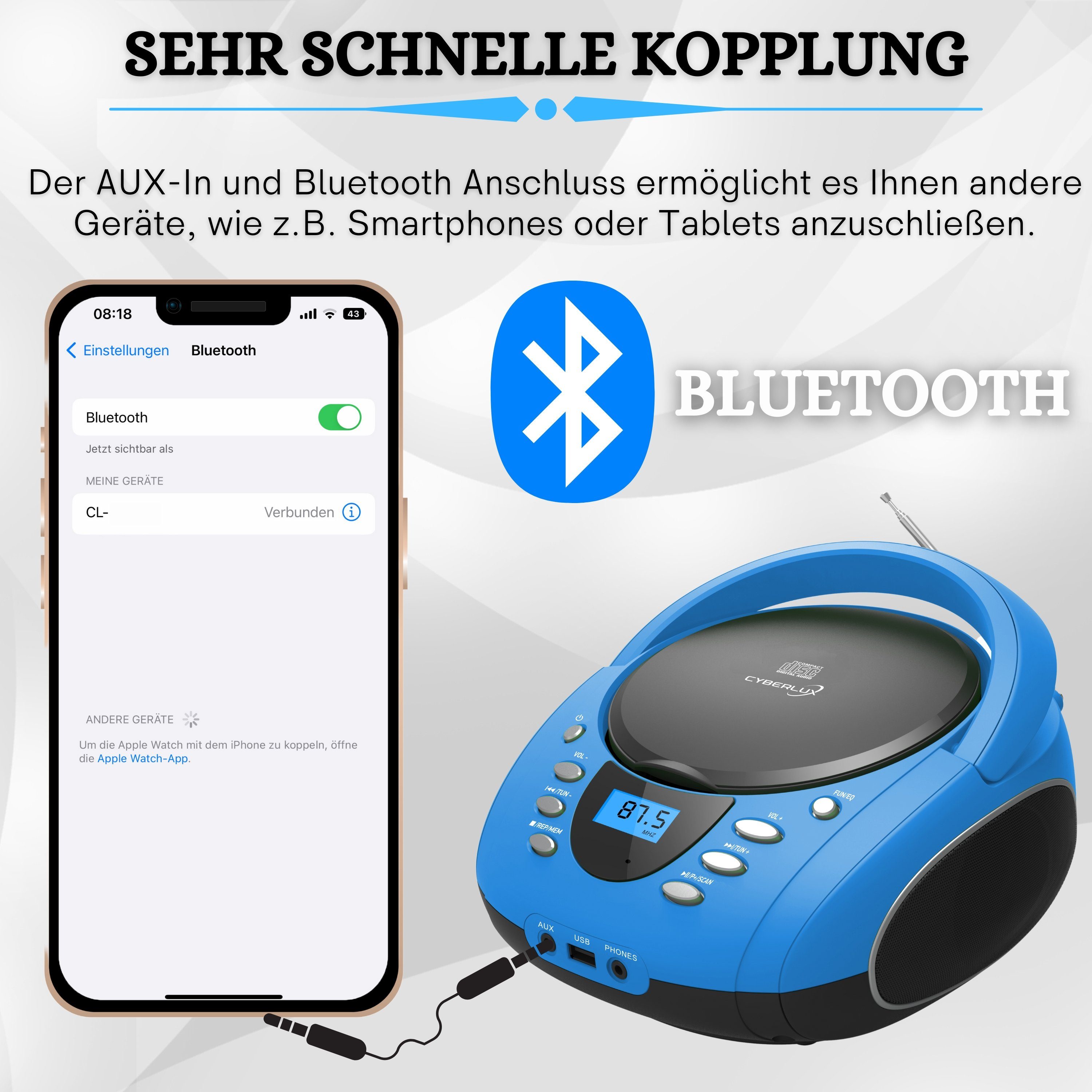 Cyberlux CL-710 tragbarer CD-Player (CD, Kinder CD Player tragbar, Boombox, Musikbox, FM Radio mit MP3 USB)