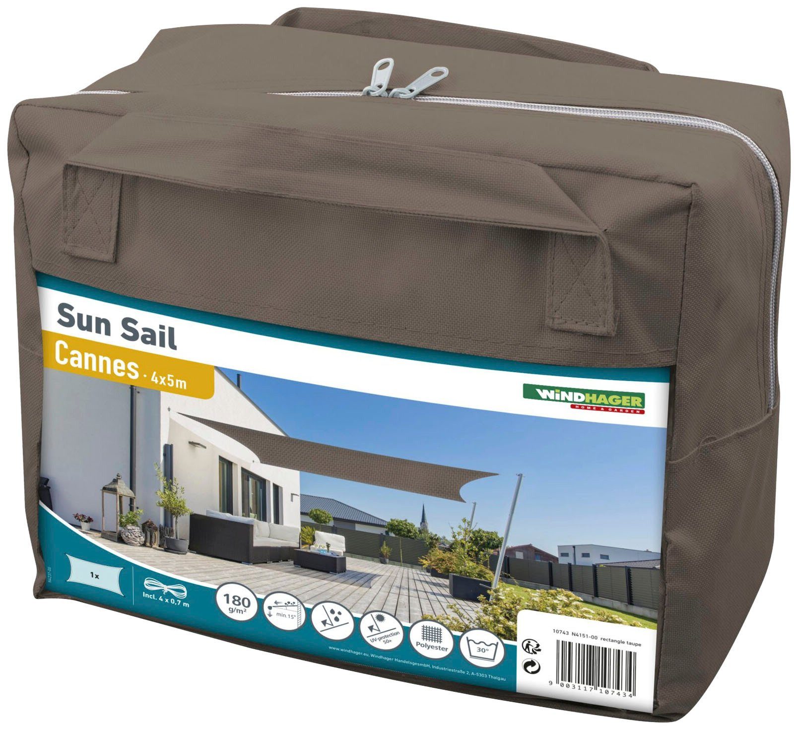 Windhager Sonnensegel Cannes Rechteck, 4x5m, taupe