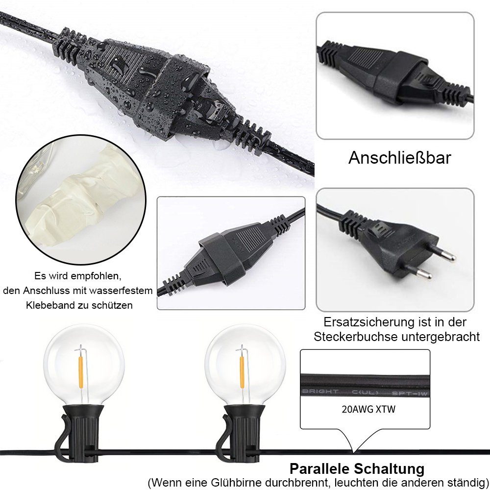 Rosnek LED-Lichterkette G40, Anschließbar, 10/25/30/50 Steckdosen, wasserdicht, für Hinterhof, Veranda Balkon Party Deko