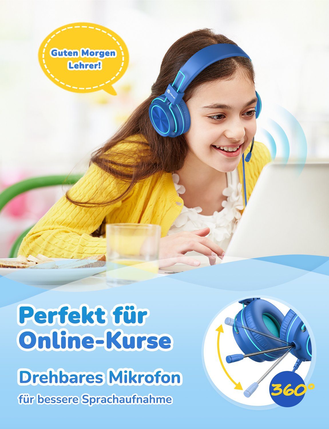 iclever IC-HS21 Bluetooth Kinder Kopfhörer 360° Drehbar mit 95dB Volume Limit On-Ear-Kopfhörer (Mit Mikrofon, Verdrahtet)