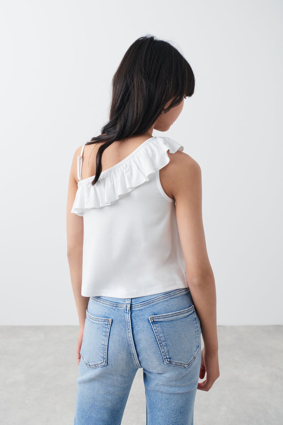 Y one shoulder flounce top