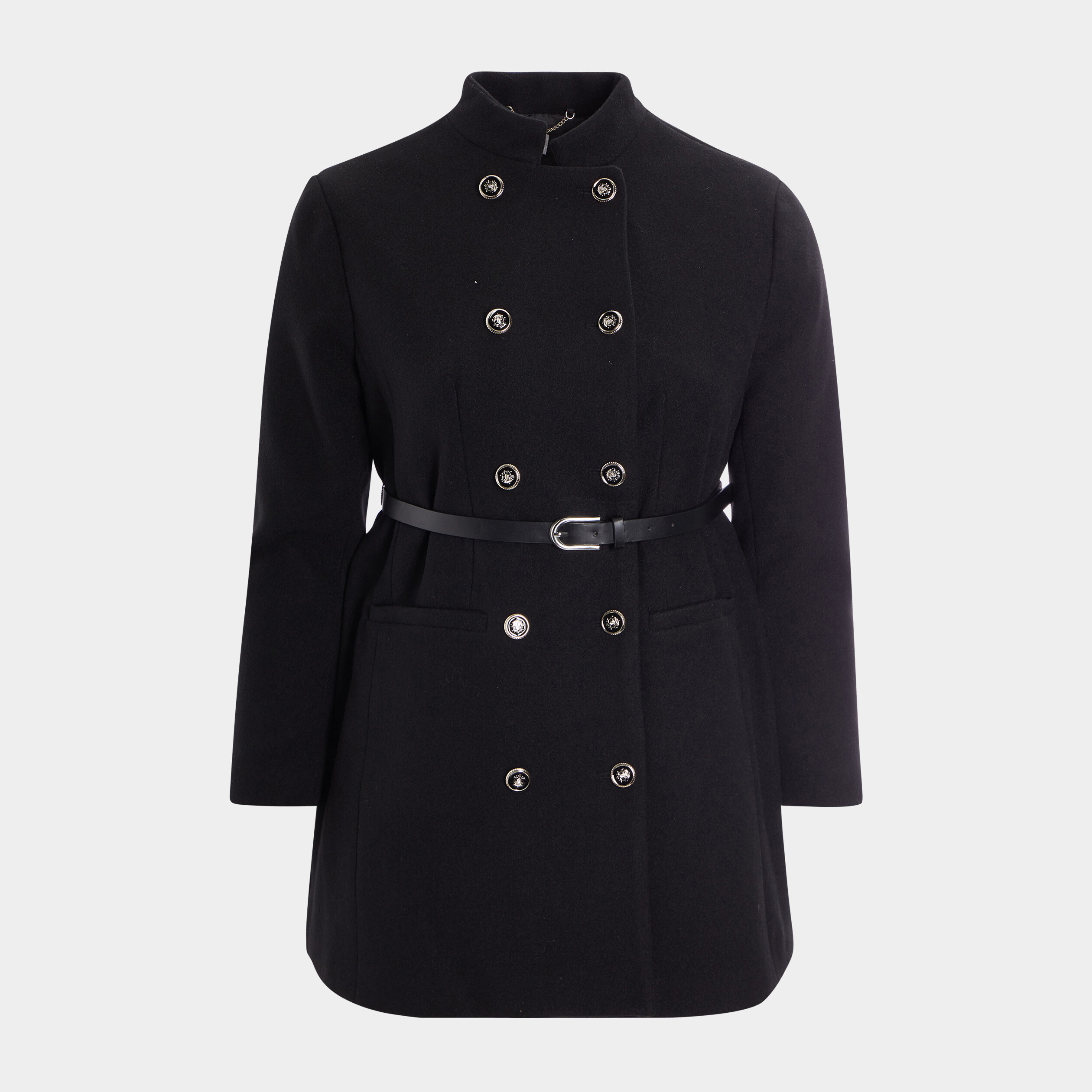 Manteau esprit officier droit ceinturé noir femme grande taille | La Halle