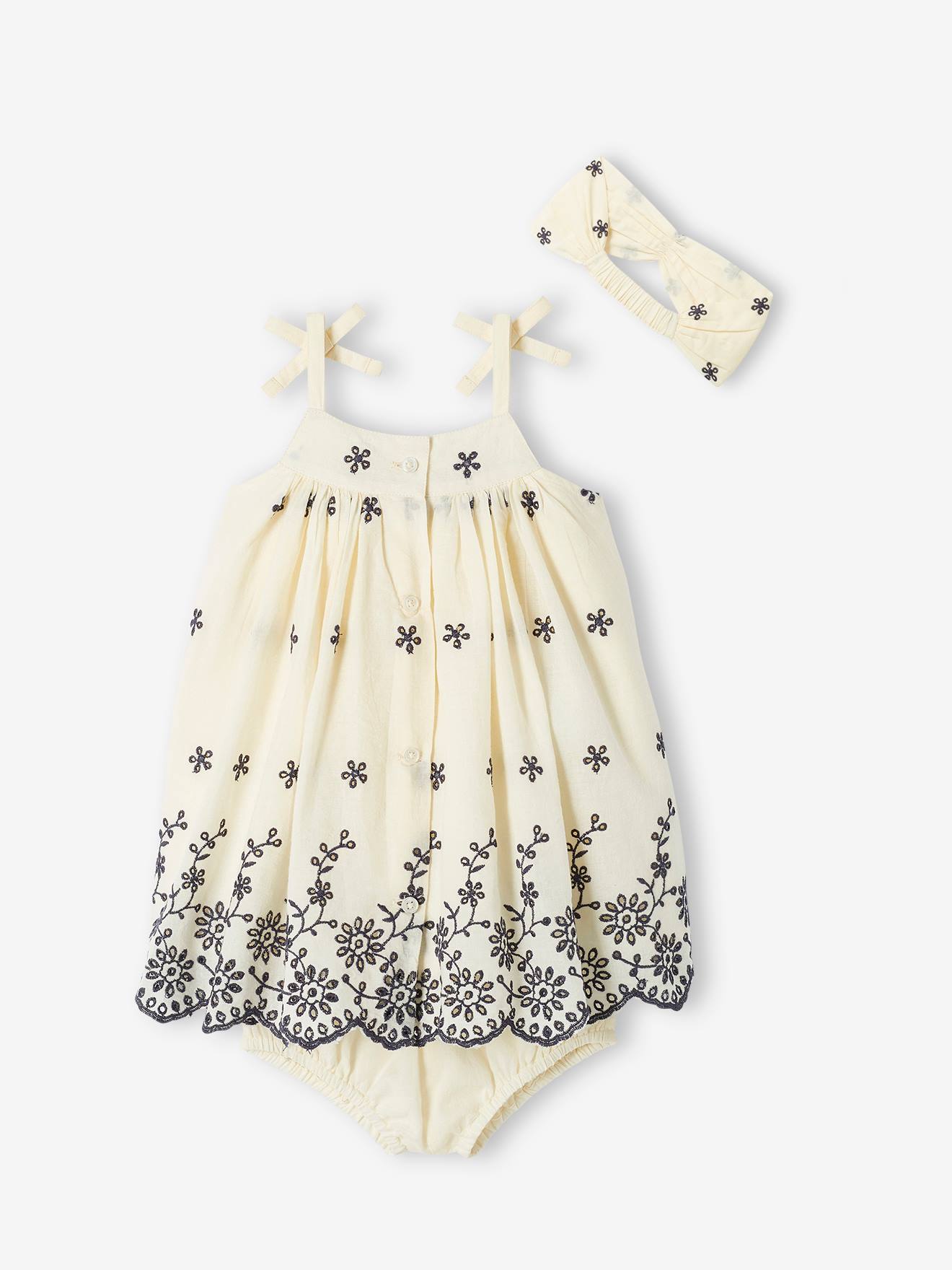 Vertbaudet Mädchen Baby-Set: Kleid, Shorts & Haarband - wollweiß