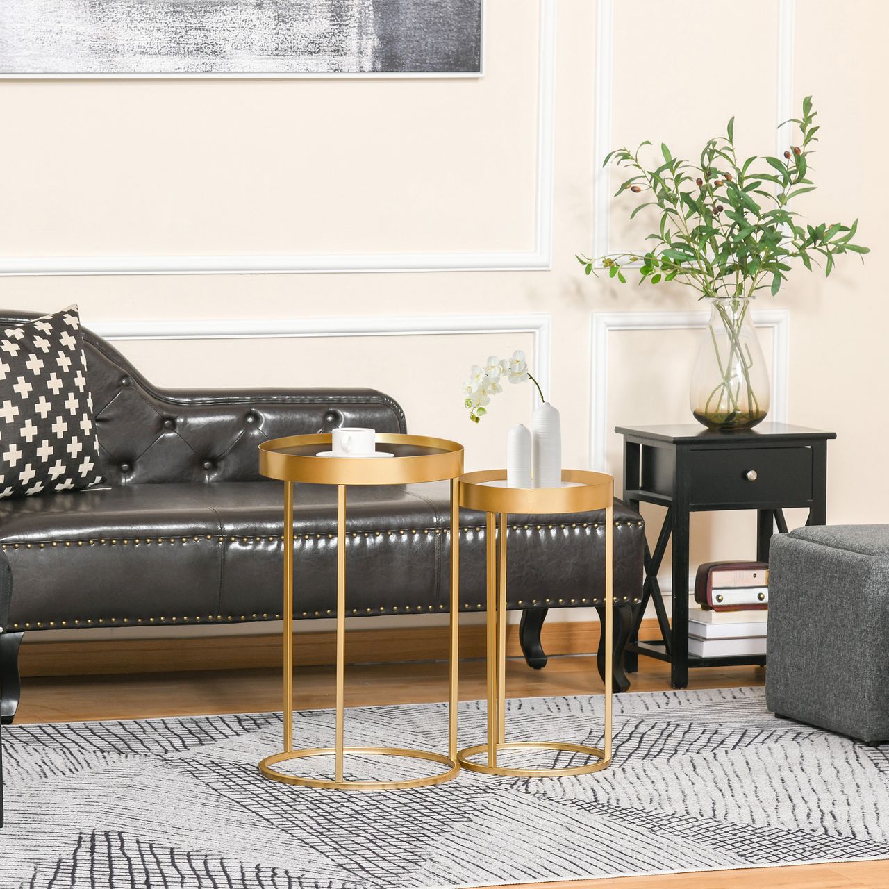 HOMCOM 2er Set Couchtisch Beistelltisch mit erhöhtem Rand Rund Sitztisch Kaffeetisch mit golden Metallgestell Wohnzimmertische für Wohnzimmer Schlafzimmer Retrodesign MDF Metall Gold