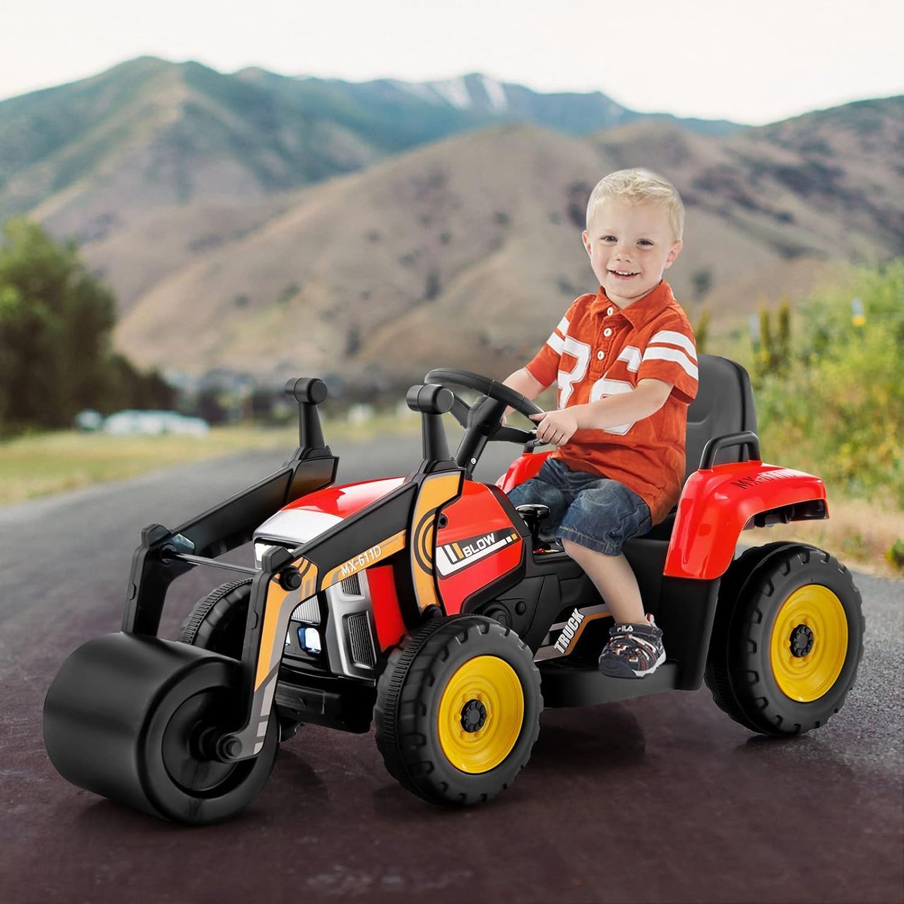 Costway 12V Kinder Walze mit Musik, Hupen und Scheinwerfer