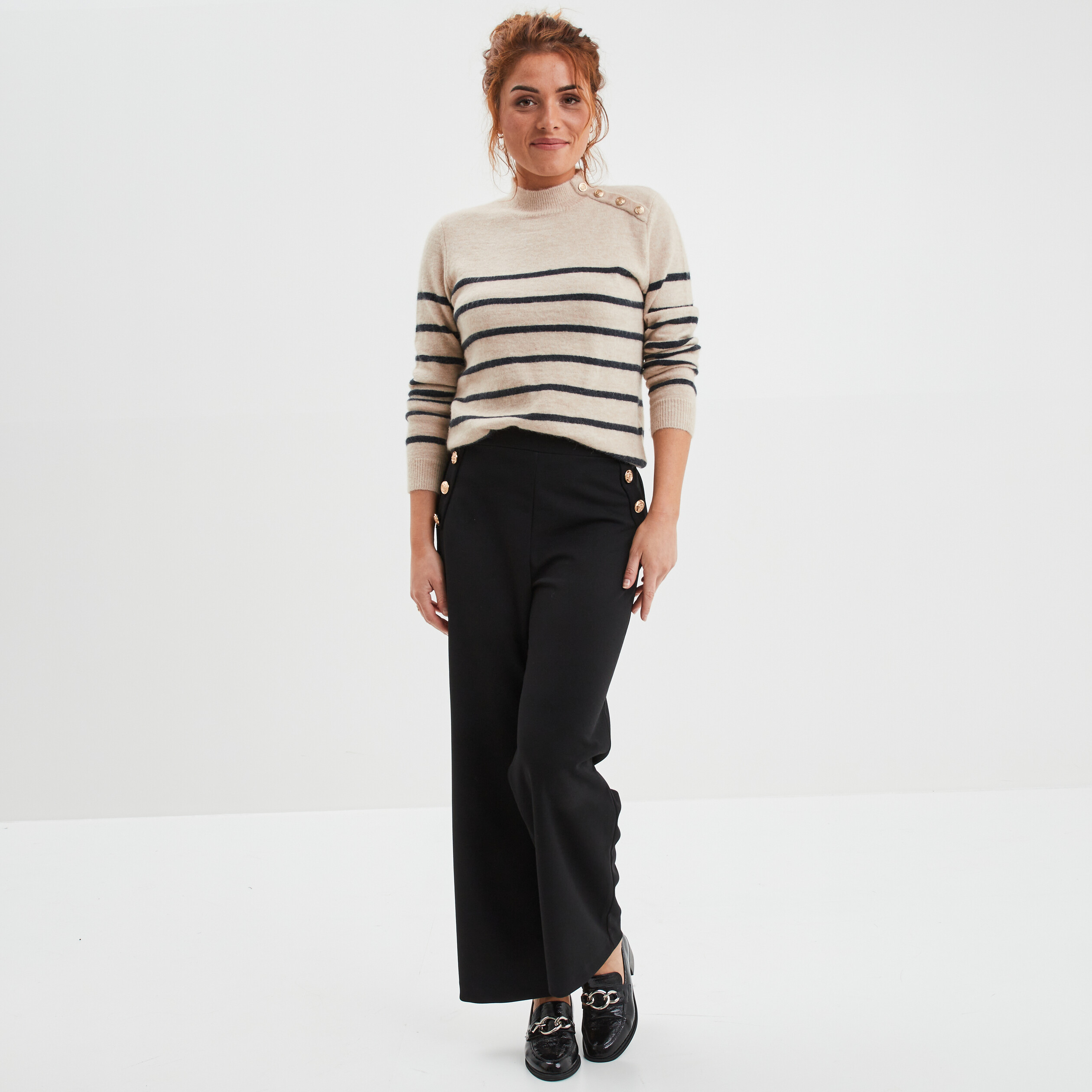 Pull marinière boutons à l'épaule sable femme | La Halle