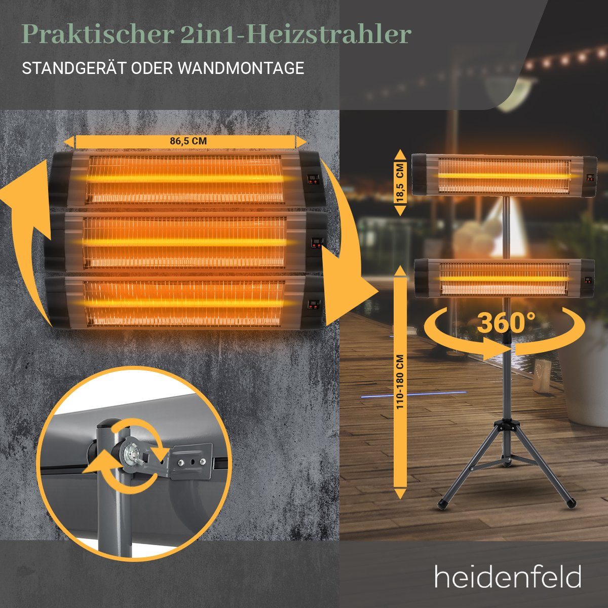 Heidenfeld Heizstrahler Elektro Infrarot Heizstrahler IH100 inkl. Stativ und Fernbedienung, 2500 W, Heizgerät Heizung Terrassenstrahler - 3 Heizstufen - 3 J. Garantie