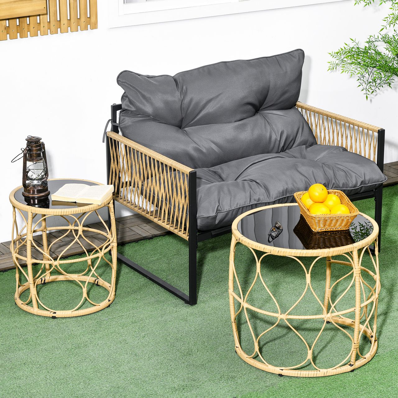 Outsunny Rattan Beistelltisch 2er-Set, Couchtisch mit Glasplatte, Khaki