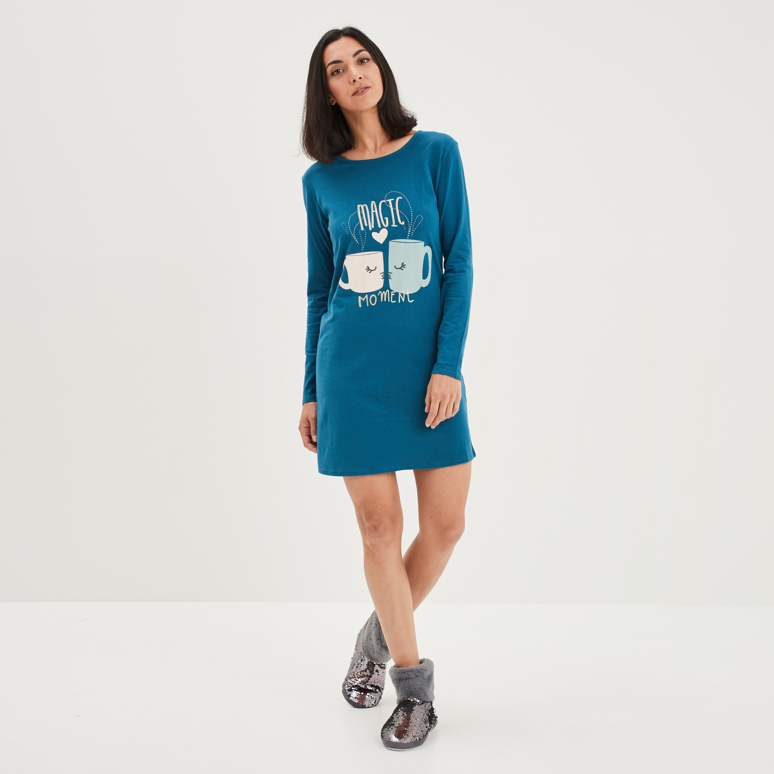 Chemise de nuit t-shirt manches longues bleu canard femme | La Halle