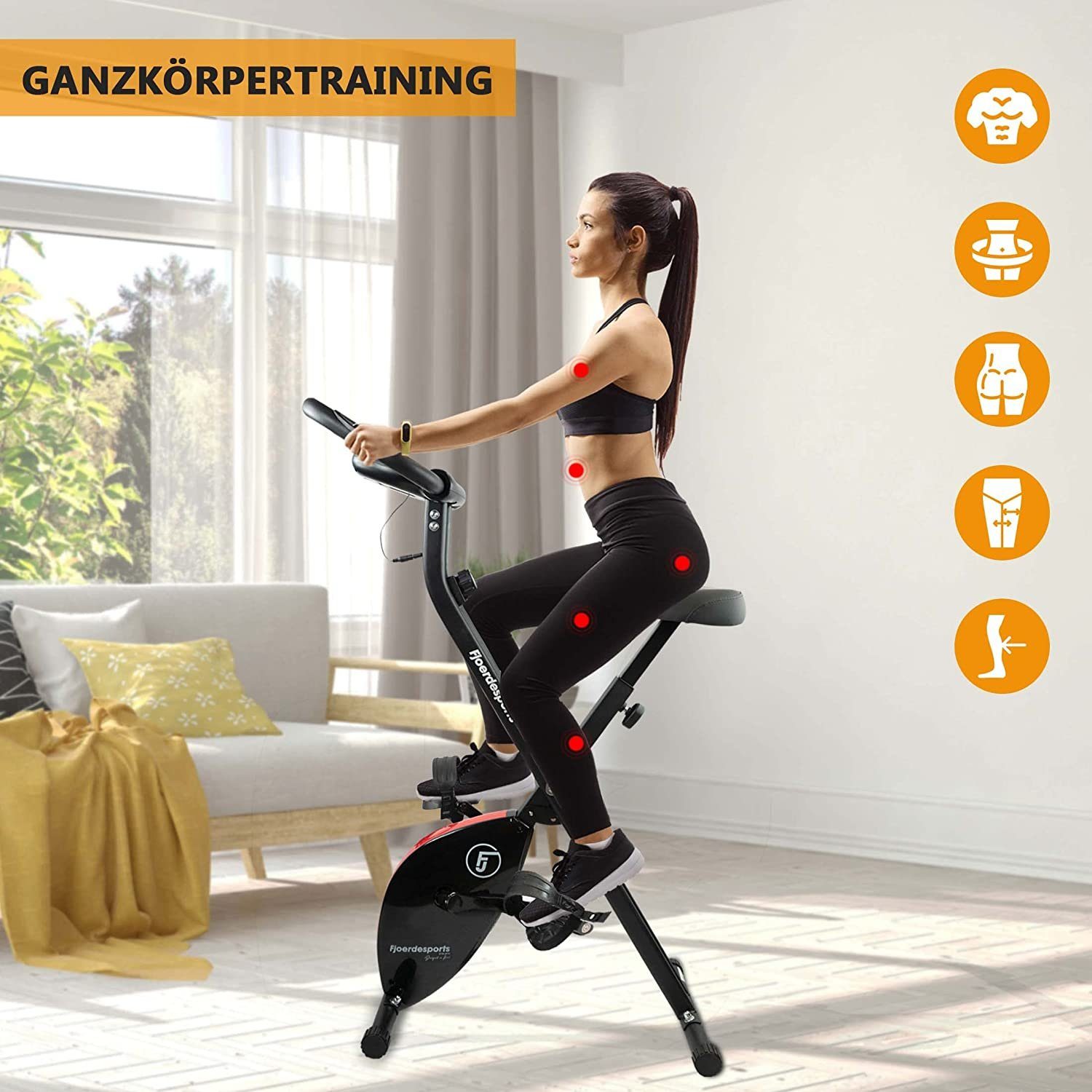 Fjoerdesports Heimtrainer Faltbarer Heimtrainer mit LCD Display Hometrainer Fitnessfahrrad (Maximales Benutzergewicht 110 Kg inkl. verstellbaren Sitz, klappbarer Hometrainer, inklusive Pulsmessung, maximales Benutzergerwicht 110 kg, Fitness Bike, Sen
