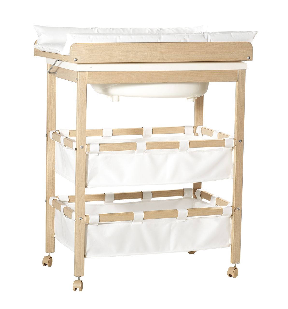 Roba Bade-Wickelkombi Baby Pool, Wickeltisch klappbar mit Badewanne, Holz natur, Wickelauflage weiß