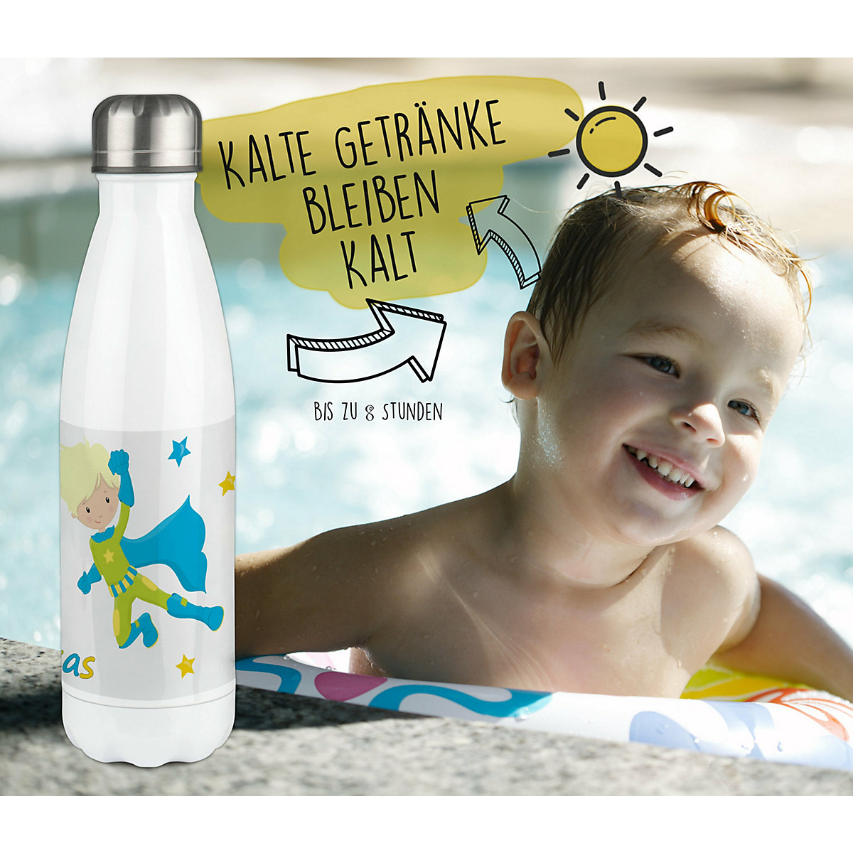 Edelstahl Kinder Thermoflasche / Trinkflasche bunt Superheld Spülmaschinenfest, Auslaufsicher, Bruchfest, Doppelwandig, Für Heißgetränke geeignet, Mit Deckel, Isoliert