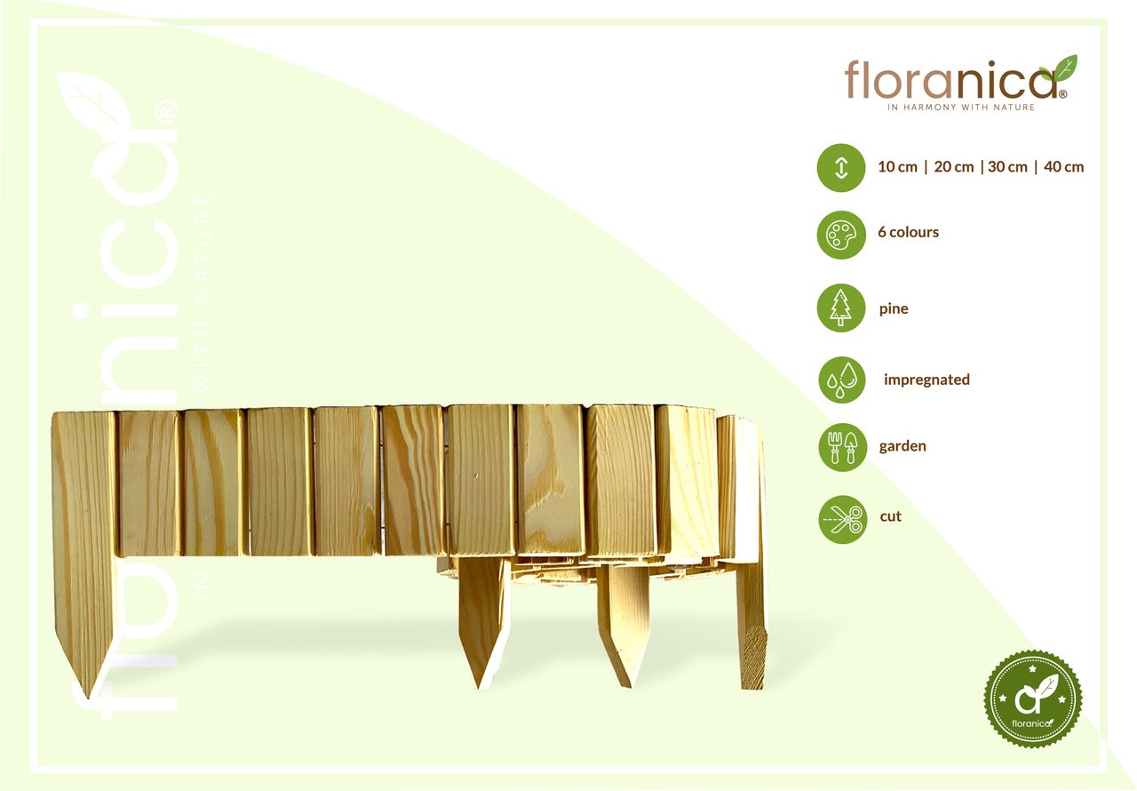 Pemicont Floranica Rollborder II Flexibler Holzzaun 203cm Höhe: 10cm Natur Imprägniert Kiefernholz Beeteinfassung Rasenkante Palisade Umzäunung für Obstgärten Beete Wege