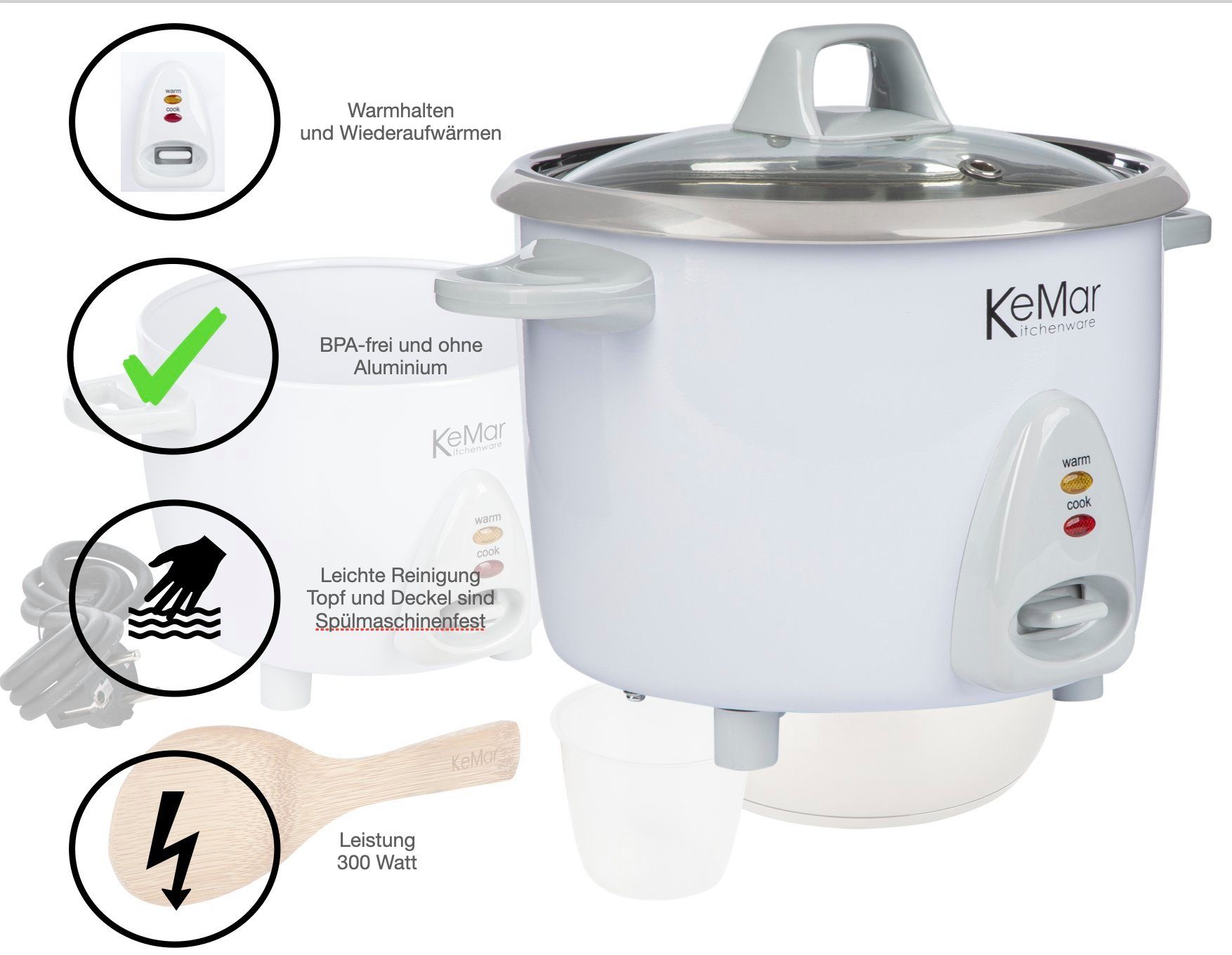KeMar Kitchenware Reiskocher KRC-100, 300 W, Reiskocher mit Edelstahltopf