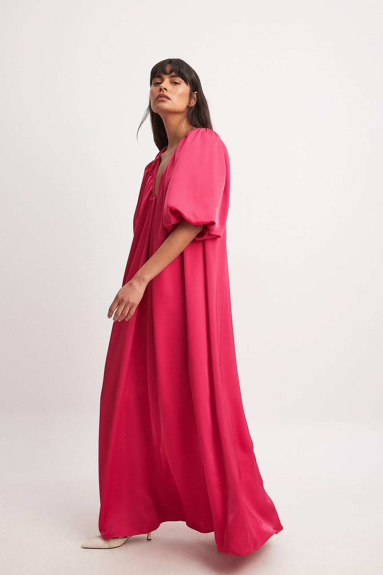Deep Neck Puff Sleeve Satin Maxi Dress