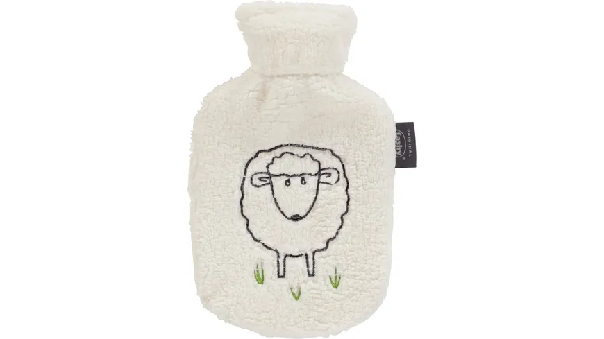 fashy Wärmflasche 0,8l mit Flauschbezug und Stickerei Schaf Dolly Weiß mit Stickerei Schaf Dolly