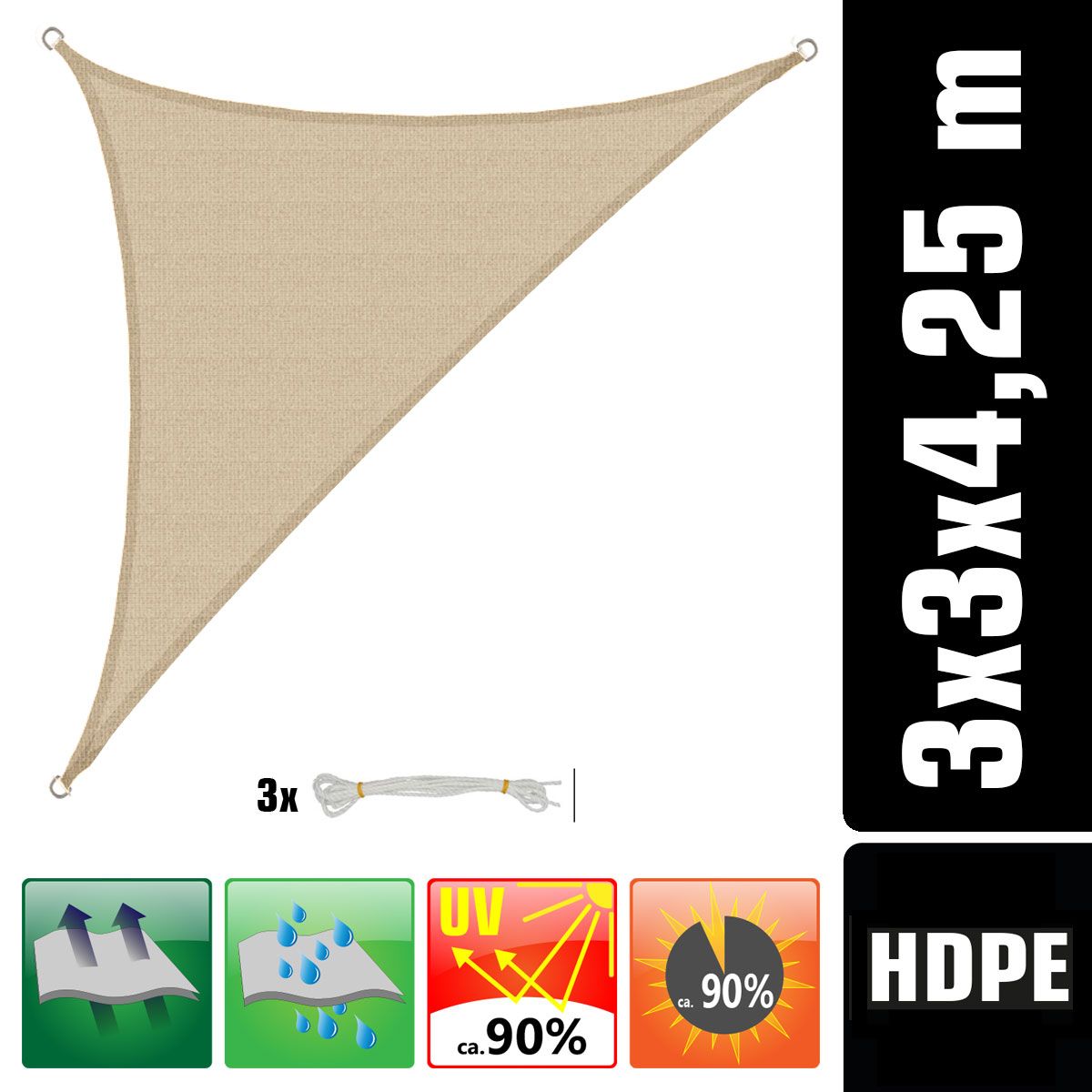AMANKA 3 x 3 x 4,2 atmungsaktives UV Sonnensegel
