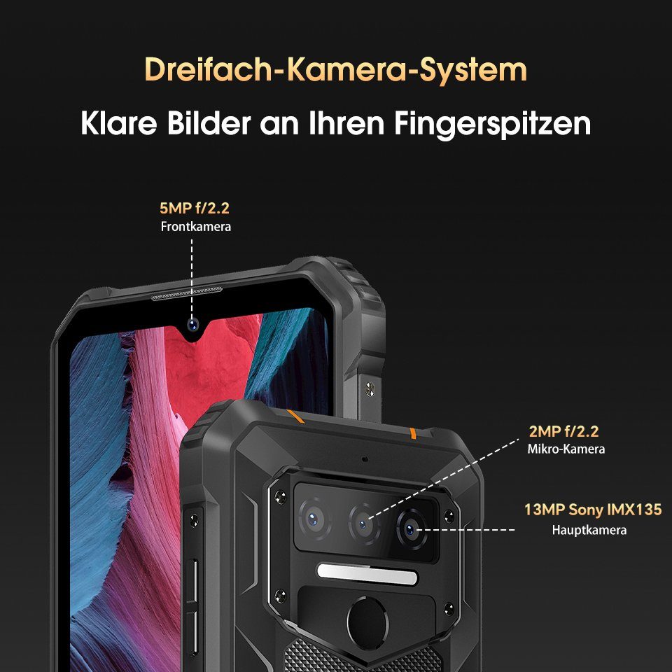 OUKITEL WP23, 4G-[Außentelefon], 7GB RAM+64GB ROM, 10600 mAh Akku, Dual-SIM Smartphone (6.52 Zoll, 7 GB Speicherplatz, 13 MP Kamera, Android 13, IP68 & IP69K, NFC, OTG, Face ID, Ohne Vertrag)