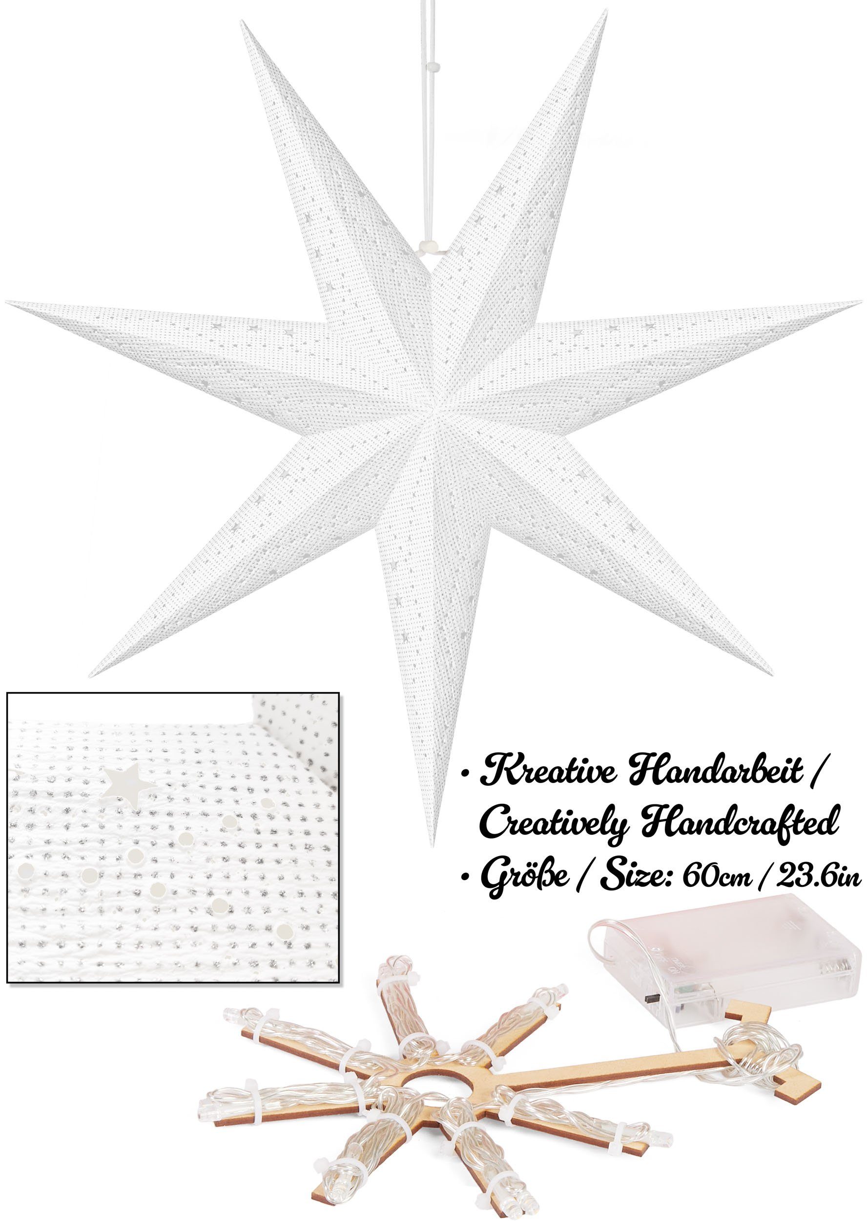 BRUBAKER LED Stern 3D Weihnachtsstern zum Aufhängen - LED Papierstern mit Timer, Batteriebetrieben und Beleuchtet, LED fest integriert, Warmweiß, 60 cm Adventsstern mit modernem Muster - Leuchtstern Deko Weihnachten