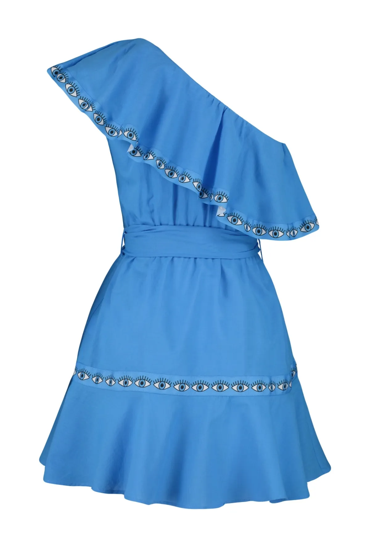 Trendyol Collection  Blaues, einschultriges Mini-Strandkleid aus 100 % Baumwolle mit gewebtem Band und Gürtel TBESS23EL00137