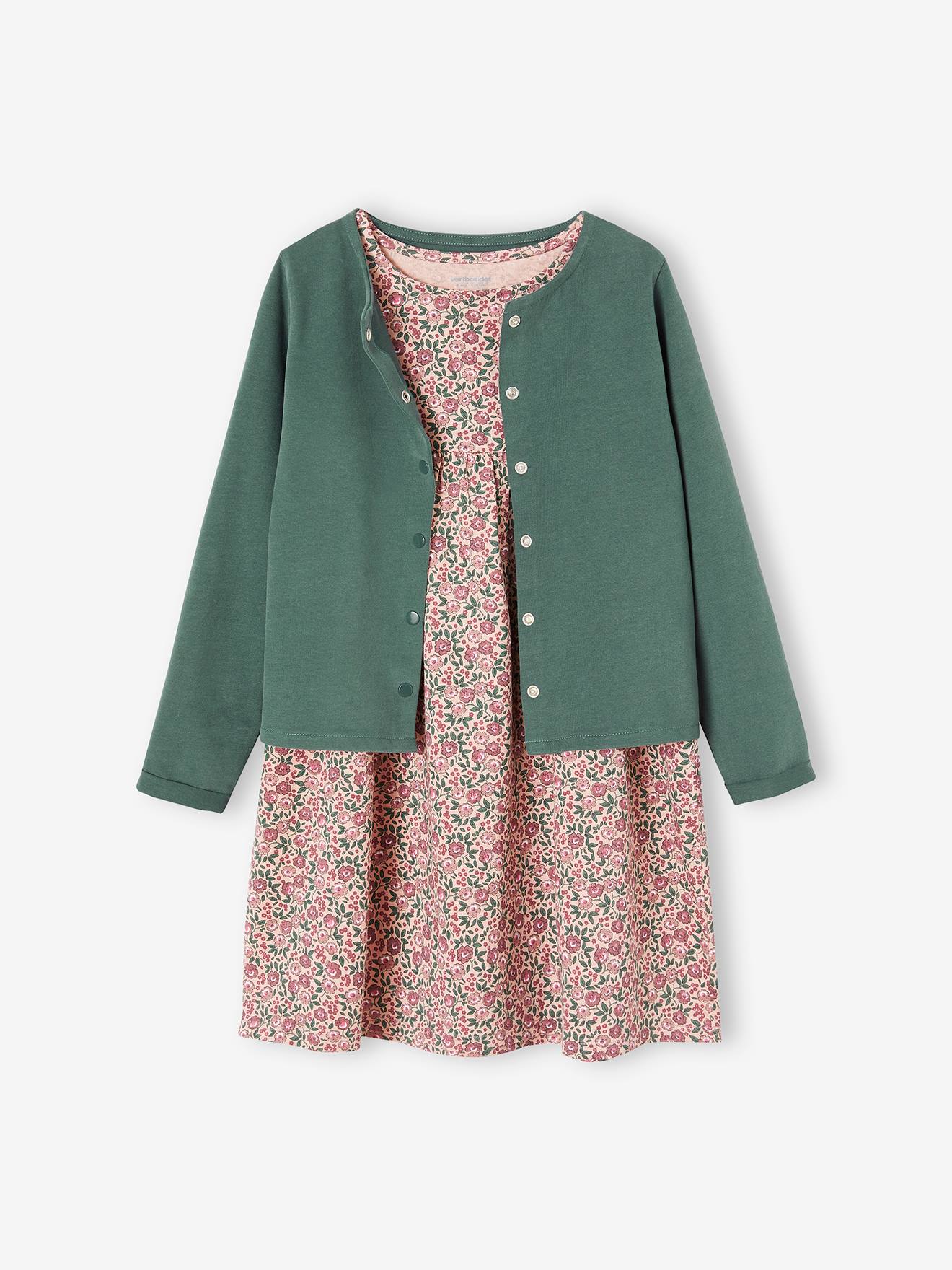 Ensemble fille cardigan et robe imprimée fleurs encre imprimé