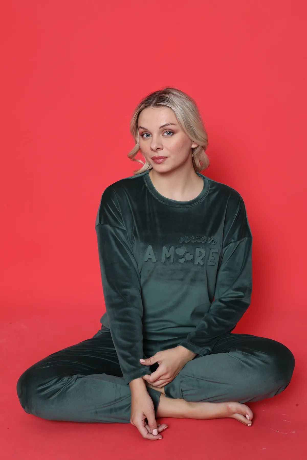 AHENGİM  Pyjama-Set für Jugendliche, französischer Samt, Amore, bedruckt, mit Spatenmanschette, Winter, saisonal, W20432250