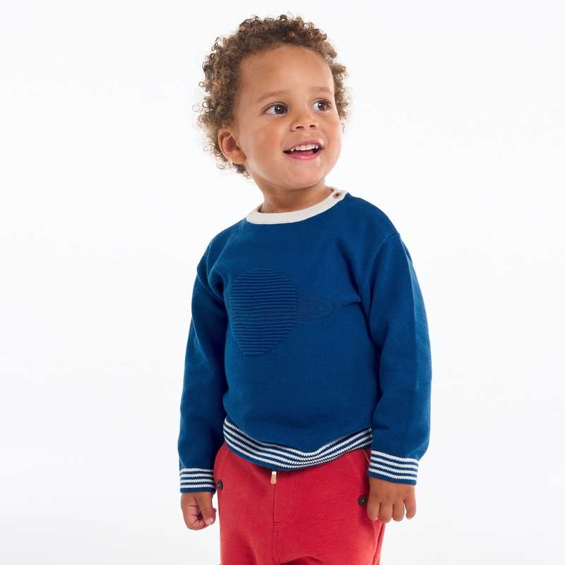 Pull maille tricot planète en relief bleu bébé garçon