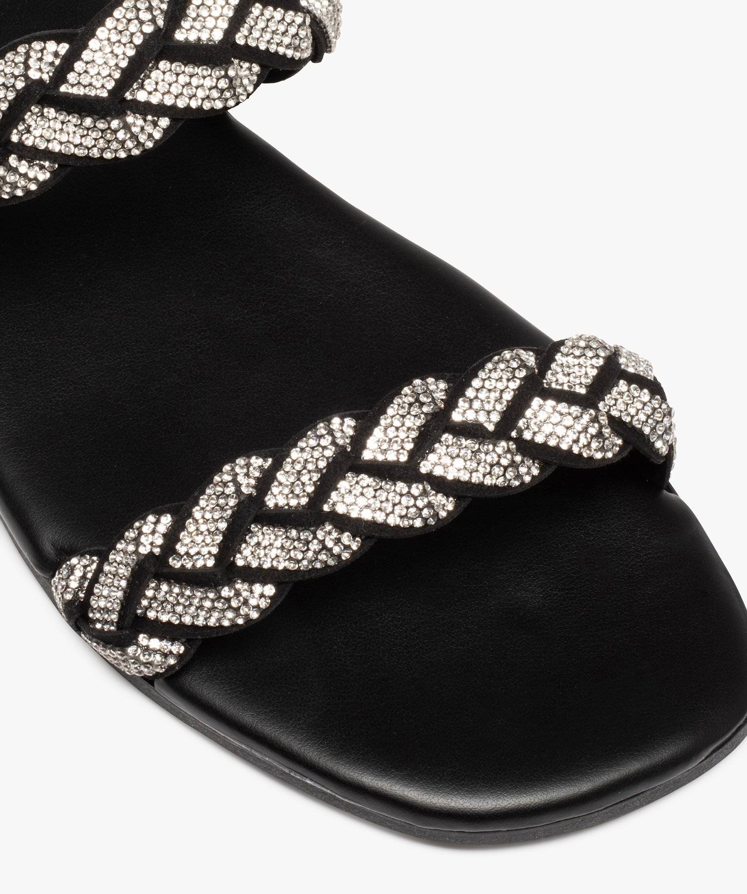 Mules femme à talon plat et brides strass tressées noir | GEMO