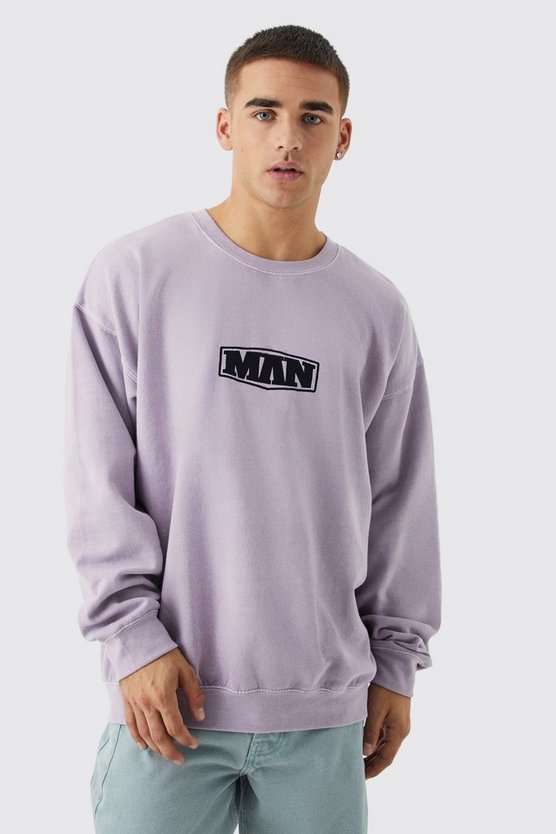 Oversize Sweatshirt mit Man-Stickerei und Acid-Waschung
