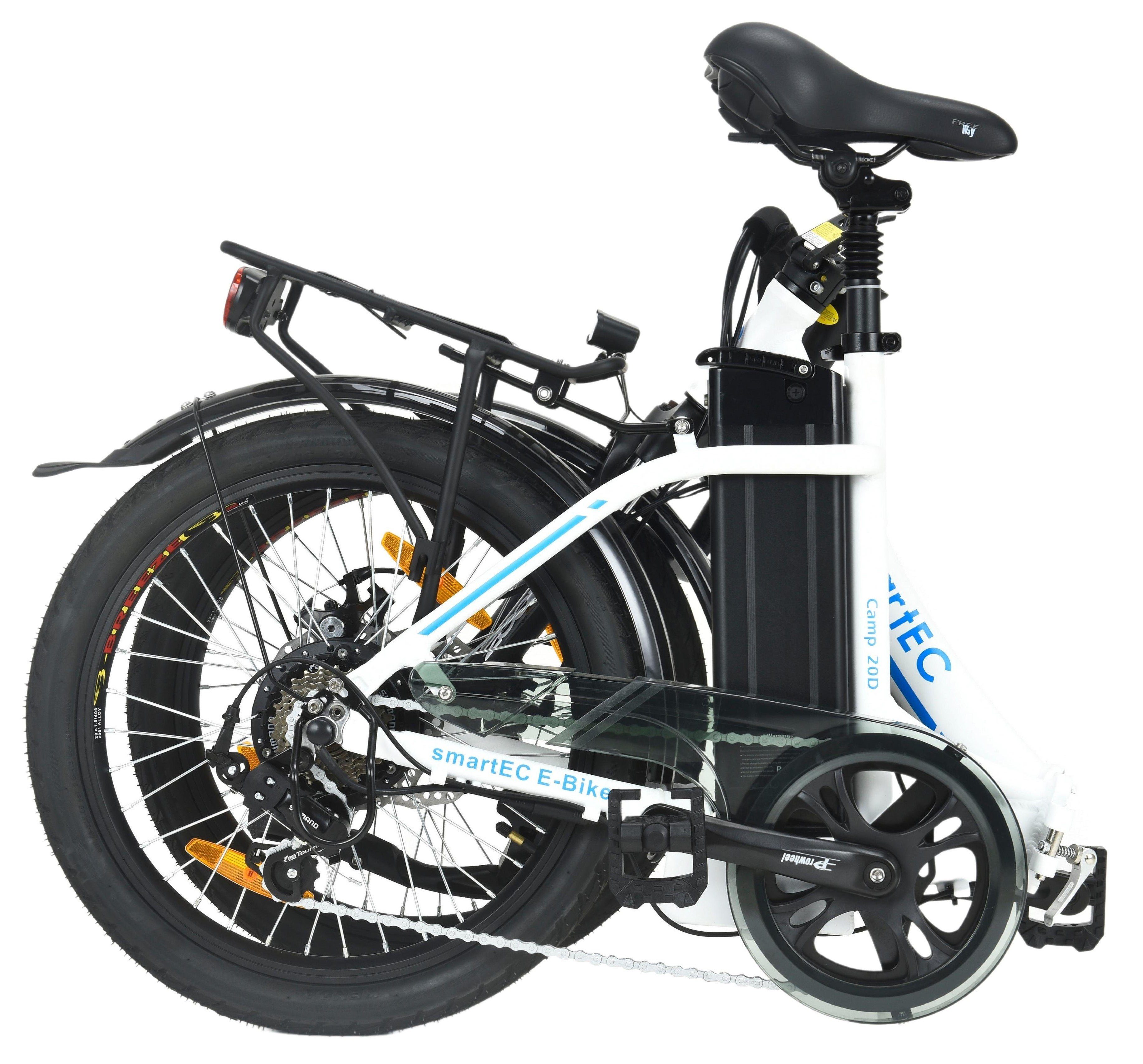 smartEC E-Bike 20 Zoll Klapprad Camp-20D Weiß, 7 Gang Shimano Tourney Schaltwerk, Kettenschaltung, Hinterrad-Nabenmotor, 562,00 Wh Akku, Batterie, Damen/Herren Unterstützung 25 km/h Anfahrhilfe Scheibenbremse StVZO