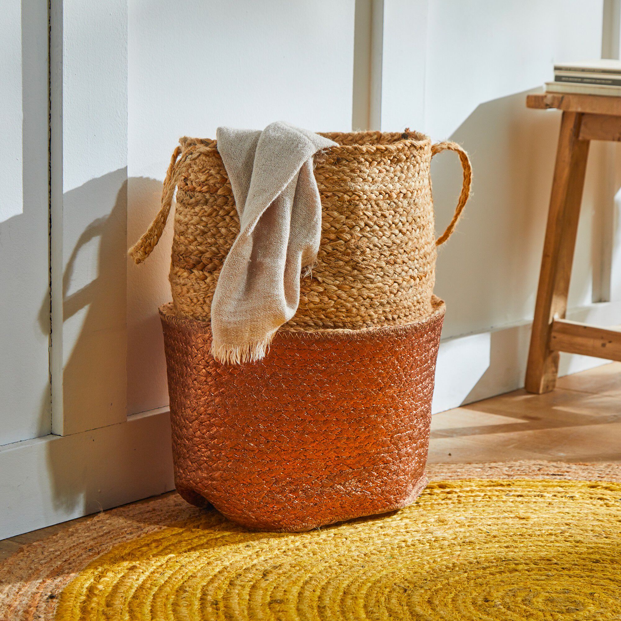 Panier jute tressé naturel / cuivre
