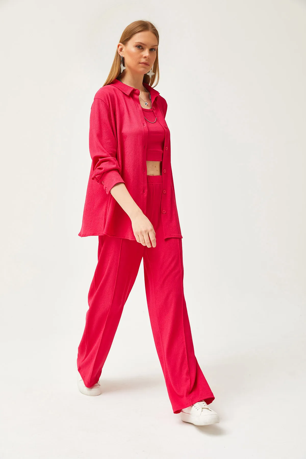 Olalook  Damen-Hemdblusen-Hosen-Set in Fuchsia, 3-teilig, TKM-19000270