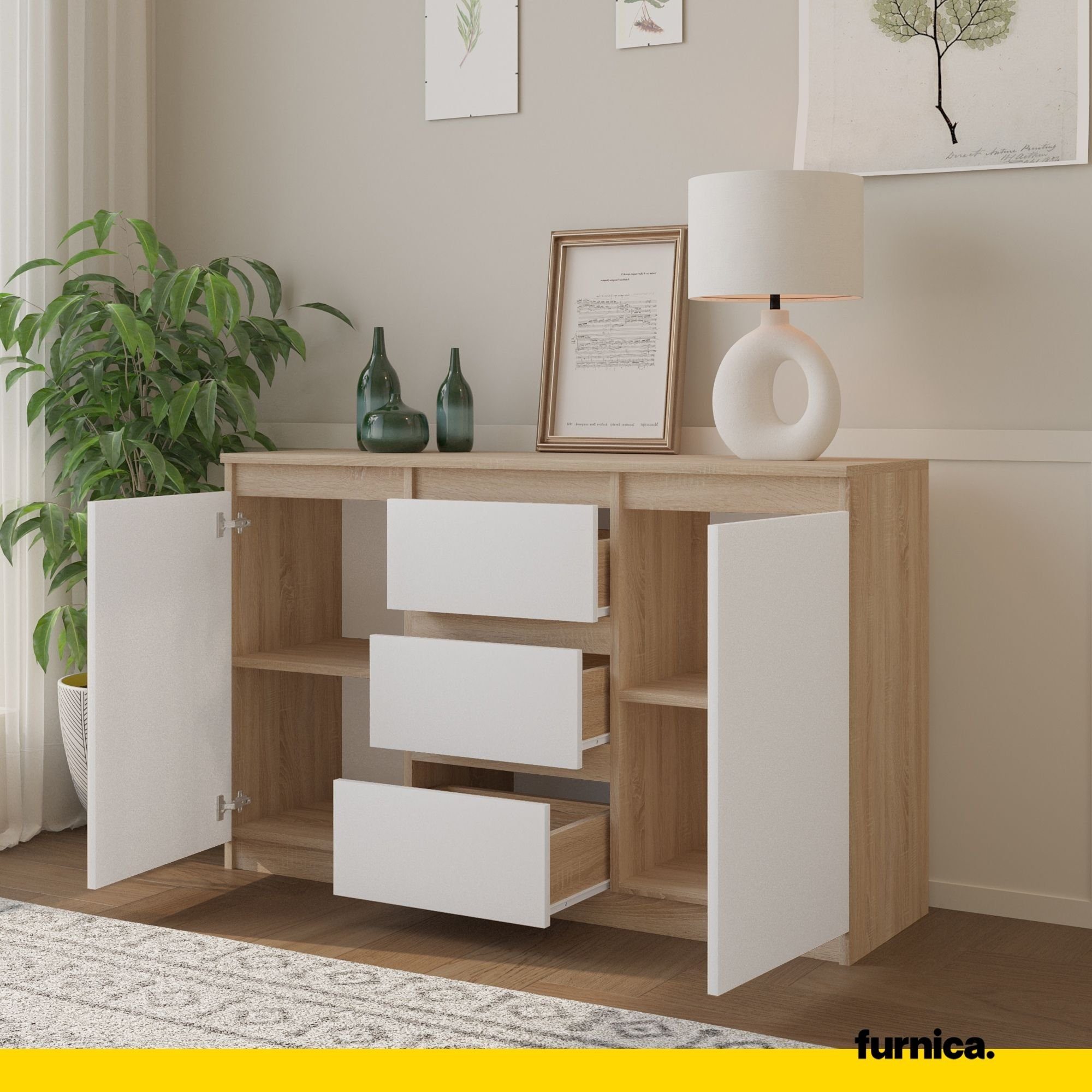 Furnica Kommode MIKEL, 3 Schubladen und 2 Türen - Sonoma Eiche H75cm B120cm T35cm (1 St)