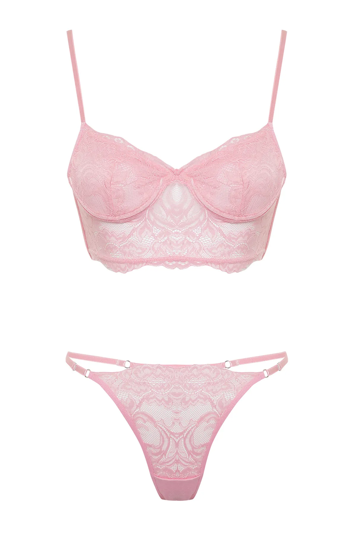 Trendyol Collection  Rosa Dessous-Set aus Strick mit Spitzenträgern und ohne Kappe THMSS24CC00013