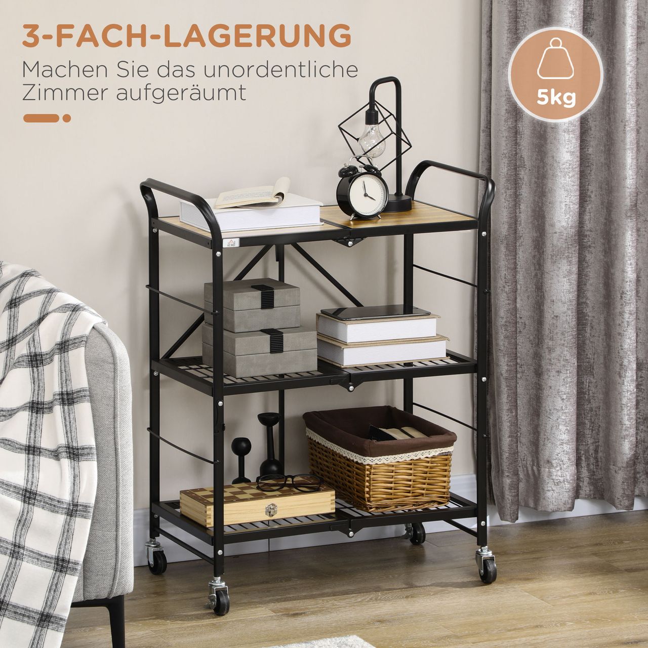 HOMCOM Rollwagen Klappbarer Küchenwagen, Servierwagen mit 3 Ebenen, Griff, Stahl