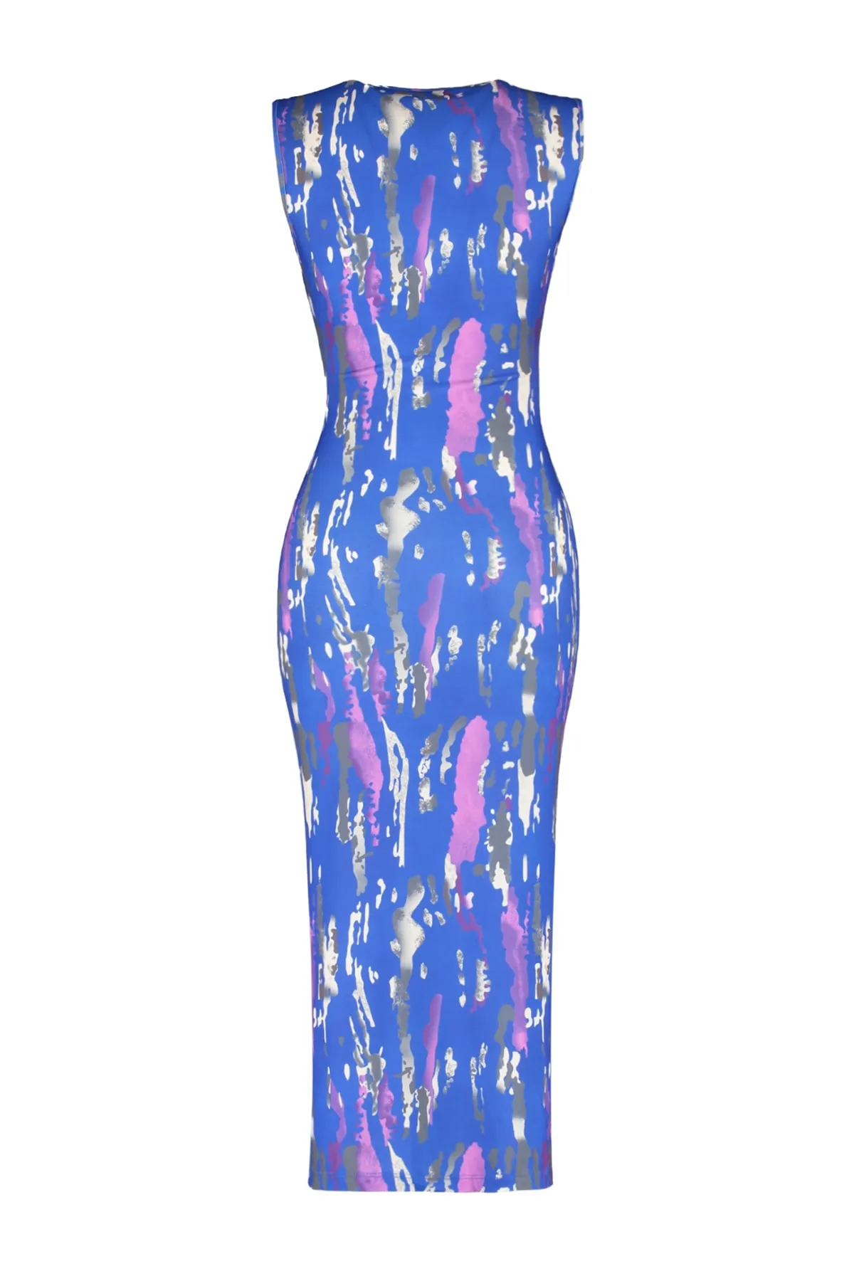Trendyol Collection  Marineblaues, bedrucktes, tailliertes/tailliertes Midi-Bleistiftkleid aus flexiblem Strick mit Raffung TWOSS23EL00751